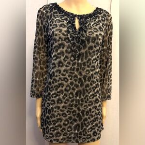 INC International Leopard Print Tunic w/ intricate bead embellished neckline.